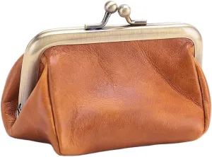 Genuine Leather Mini Vintage Coin Purse Kiss Lock change purse Cute Coin Purse Coin Organizer (Brown)