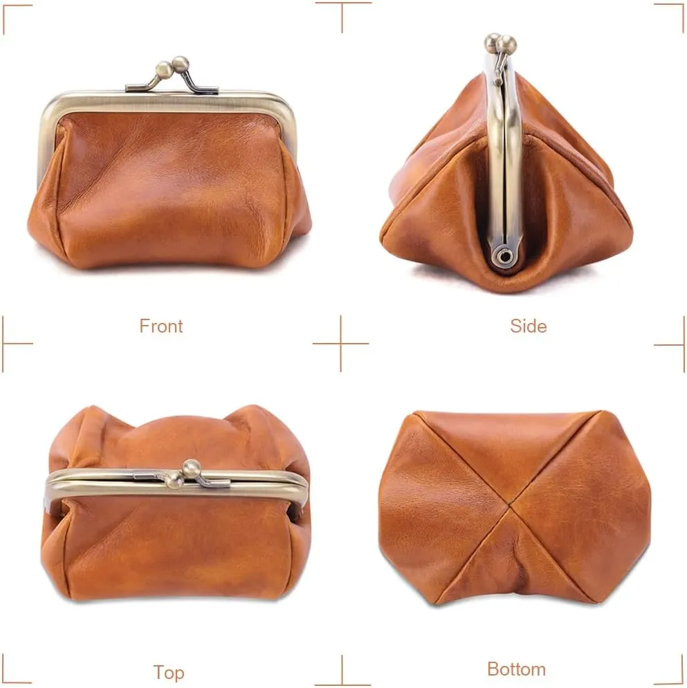 Genuine Leather Mini Vintage Coin Purse Kiss Lock change purse Cute Coin Purse Coin Organizer (Brown)