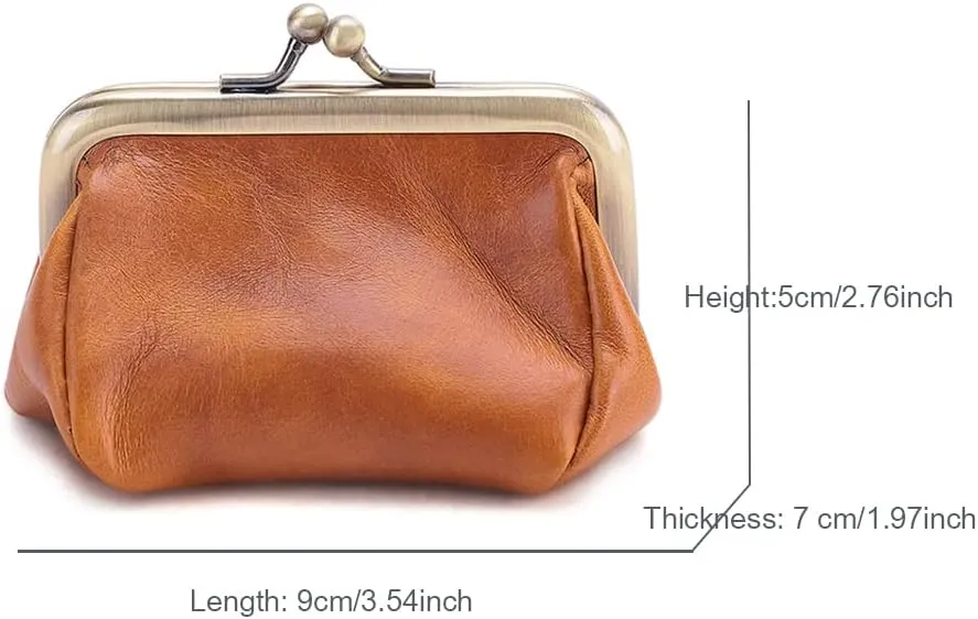 Genuine Leather Mini Vintage Coin Purse Kiss Lock change purse Cute Coin Purse Coin Organizer (Brown)