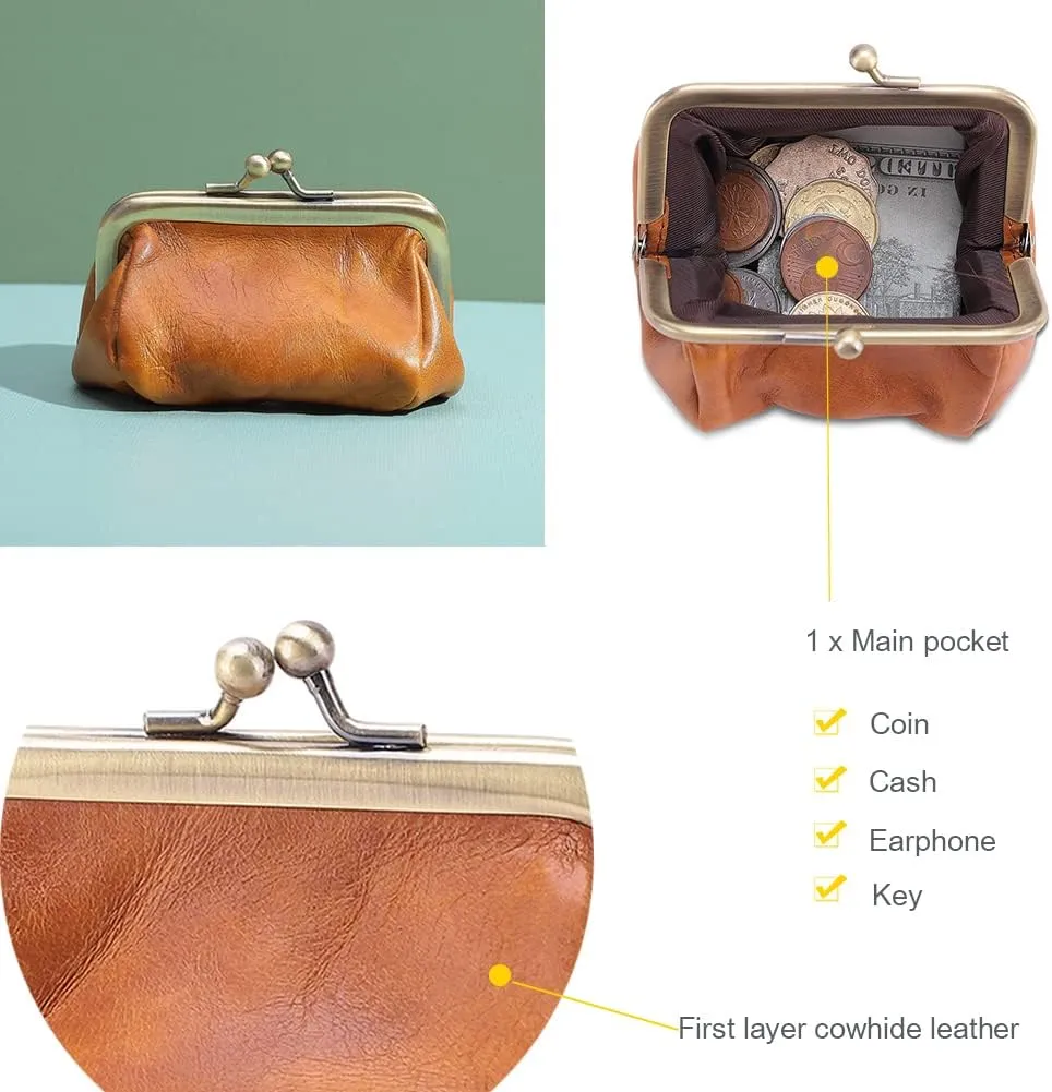 Genuine Leather Mini Vintage Coin Purse Kiss Lock change purse Cute Coin Purse Coin Organizer (Brown)