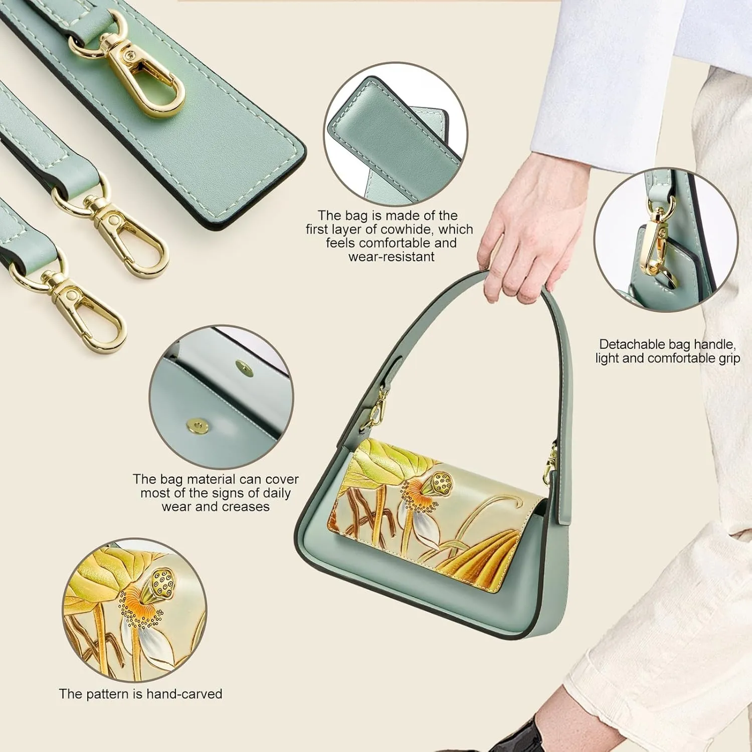 Genuine Leather Shoulder Bag for Women Hand Carved Painted Leather Clutch Saddle Bag Cute Hob