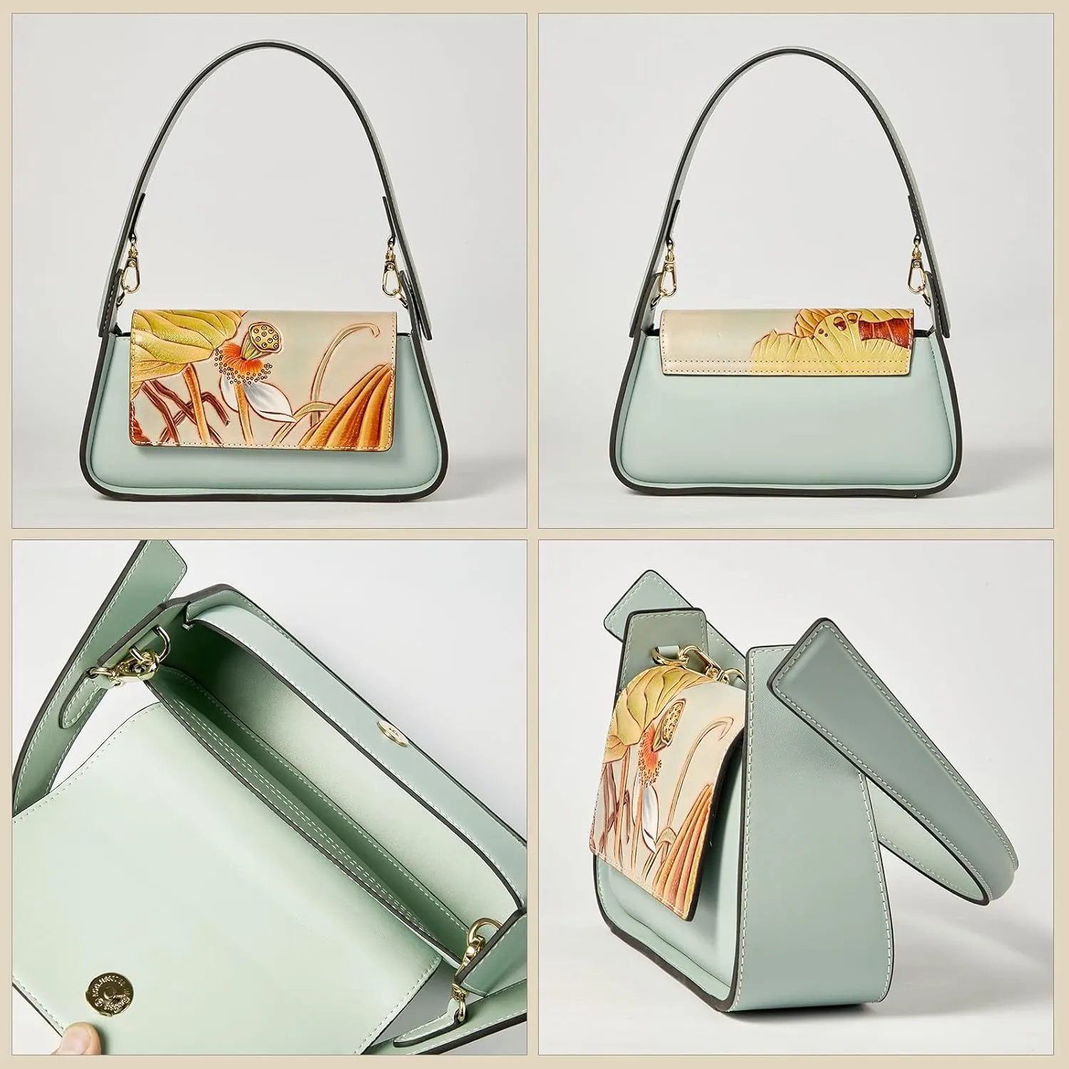 Genuine Leather Shoulder Bag for Women Hand Carved Painted Leather Clutch Saddle Bag Cute Hob