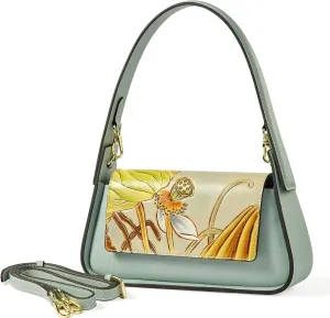 Genuine Leather Shoulder Bag for Women Hand Carved Painted Leather Clutch Saddle Bag Cute Hob