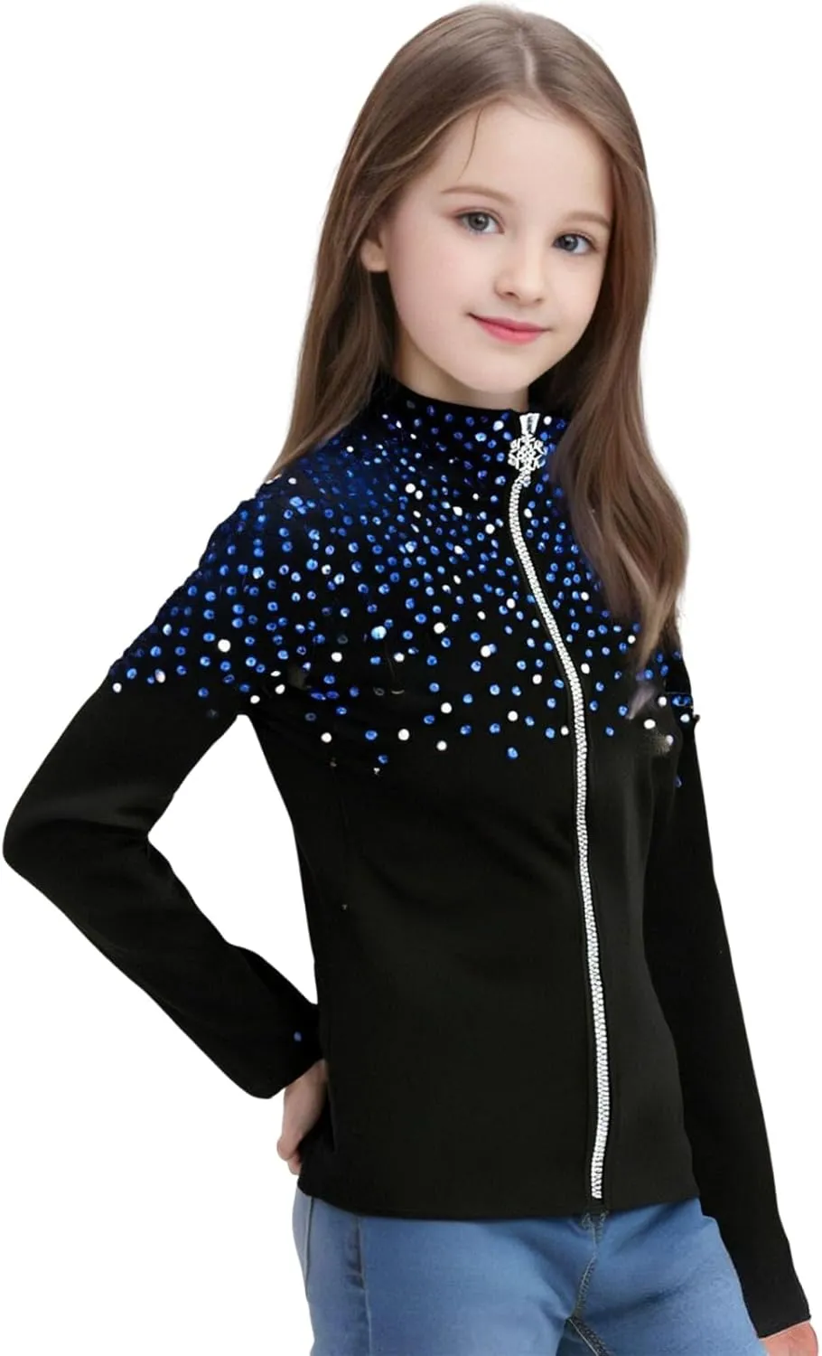 Girl's Black Ice Skating Training Jacket with Blue Rhinestones and Plush Stylish and Warm Skating Training Clothes
