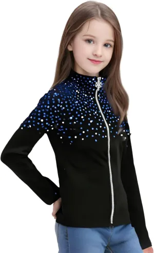 Girl's Black Ice Skating Training Jacket with Blue Rhinestones and Plush Stylish and Warm Skating Training Clothes