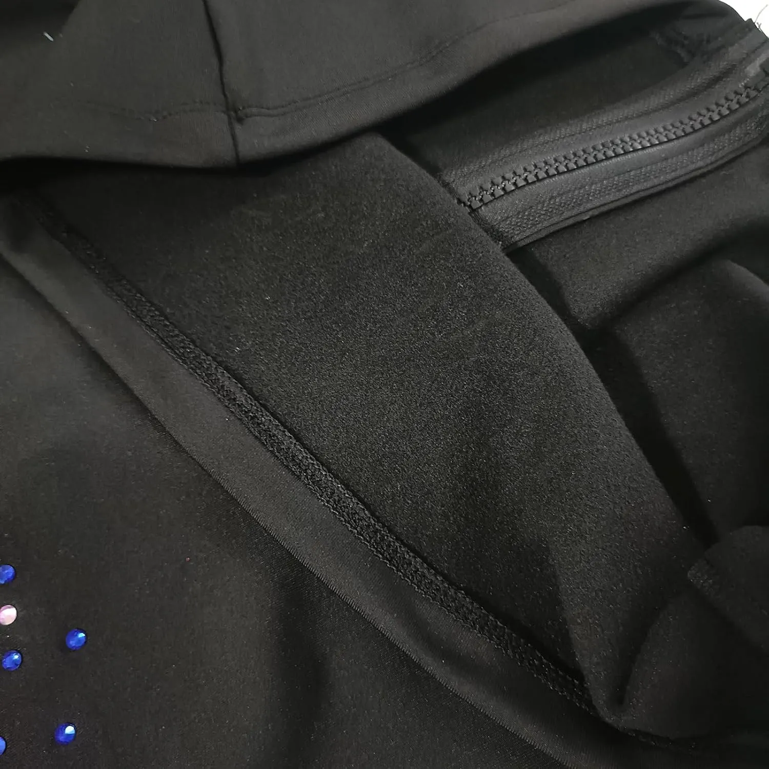 Girl's Black Ice Skating Training Jacket with Blue Rhinestones and Plush Stylish and Warm Skating Training Clothes