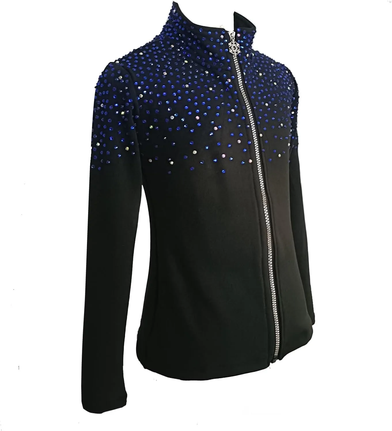 Girl's Black Ice Skating Training Jacket with Blue Rhinestones and Plush Stylish and Warm Skating Training Clothes