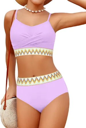 Girls Swimsuit 2 Piece Teen Criss Cross Bikini Set Woven Color Block Welt Bathing Suit for Girls Swimwear 9-18T
