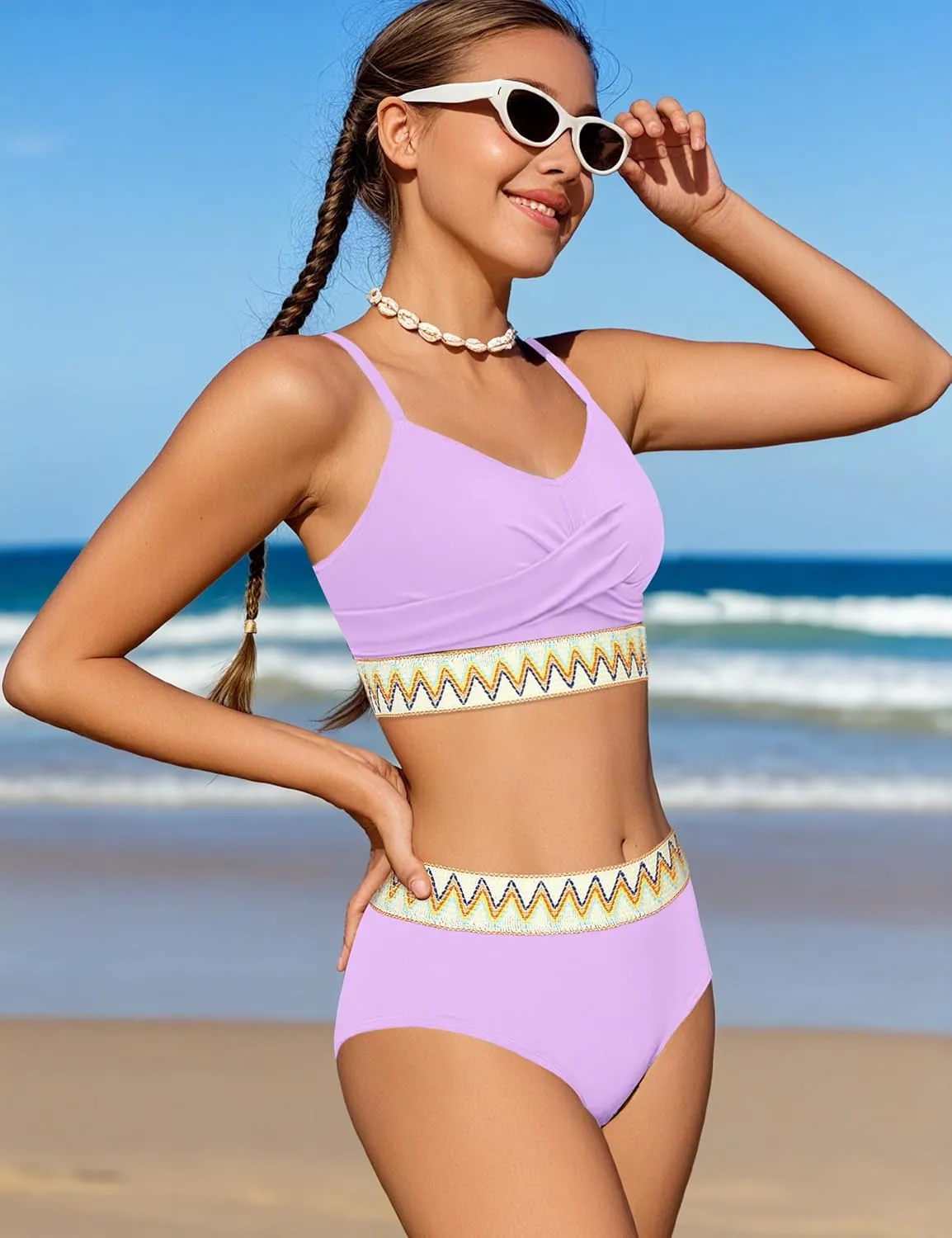Girls Swimsuit 2 Piece Teen Criss Cross Bikini Set Woven Color Block Welt Bathing Suit for Girls Swimwear 9-18T