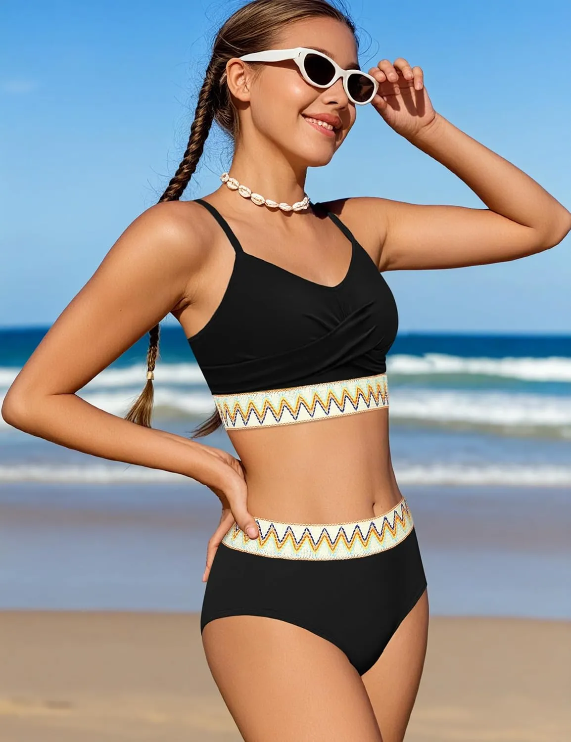 Girls Swimsuit 2 Piece Teen Criss Cross Bikini Set Woven Color Block Welt Bathing Suit for Girls Swimwear 9-18T
