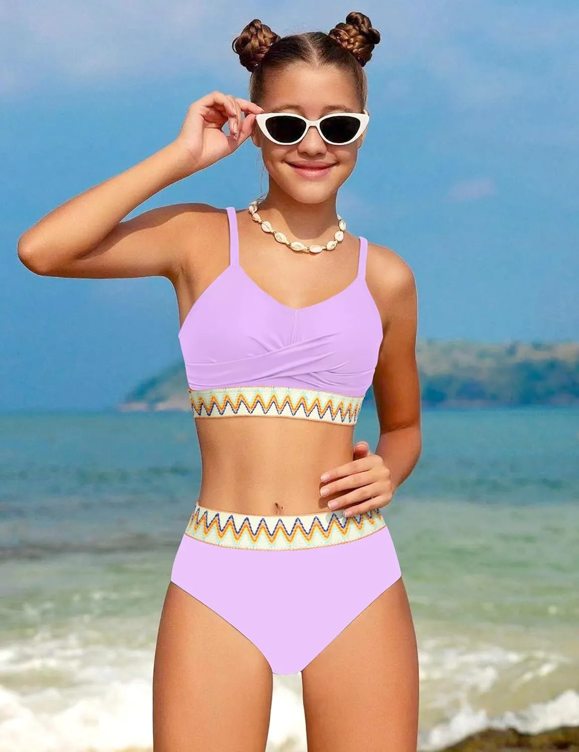 Girls Swimsuit 2 Piece Teen Criss Cross Bikini Set Woven Color Block Welt Bathing Suit for Girls Swimwear 9-18T