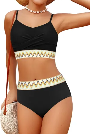 Girls Swimsuit 2 Piece Teen Criss Cross Bikini Set Woven Color Block Welt Bathing Suit for Girls Swimwear 9-18T