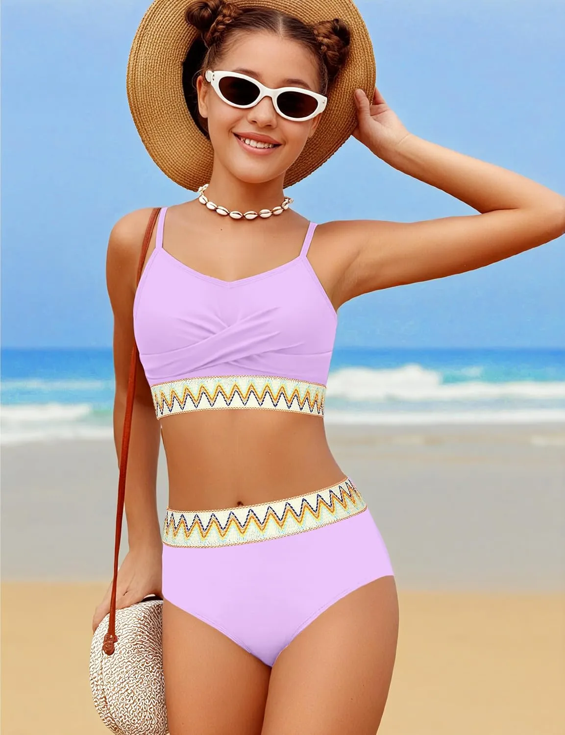 Girls Swimsuit 2 Piece Teen Criss Cross Bikini Set Woven Color Block Welt Bathing Suit for Girls Swimwear 9-18T