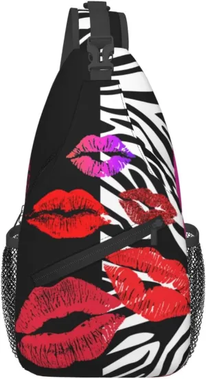 Glitter Red Lips Crossbody Bag Cross Chest Bag Adjustable Sling Backpack Sports Gym Shoulder Bags Travel Cycling Daypack Diagonally Casual Rucksack