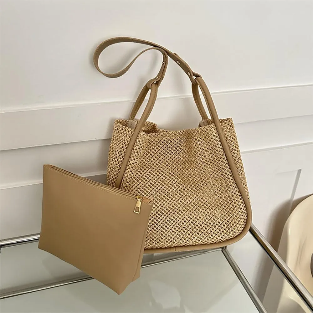 Gogobear Summer Woven Straw Tote Bag Large Capacity Comfortable Shoulder Bag Beach Vacation Boho Handbag
