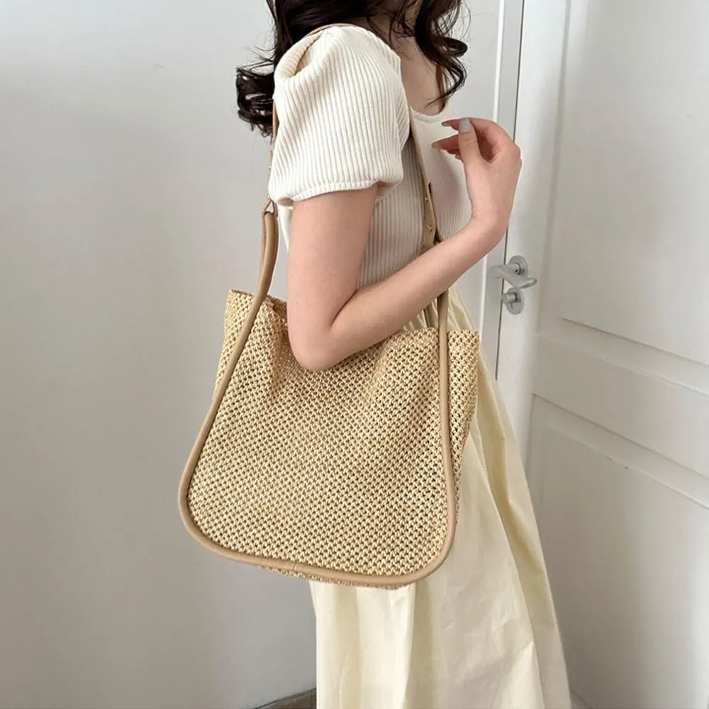 Gogobear Summer Woven Straw Tote Bag Large Capacity Comfortable Shoulder Bag Beach Vacation Boho Handbag