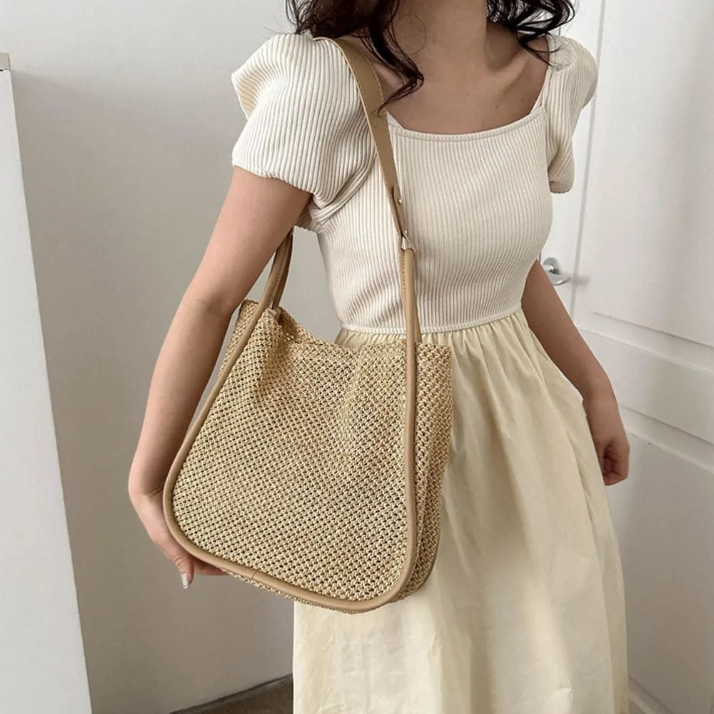 Gogobear Summer Woven Straw Tote Bag Large Capacity Comfortable Shoulder Bag Beach Vacation Boho Handbag