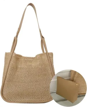 Gogobear Summer Woven Straw Tote Bag Large Capacity Comfortable Shoulder Bag Beach Vacation Boho Handbag