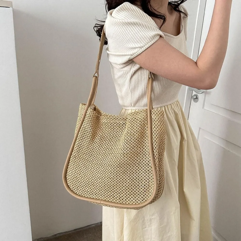 Gogobear Summer Woven Straw Tote Bag Large Capacity Comfortable Shoulder Bag Beach Vacation Boho Handbag