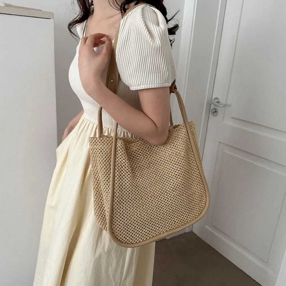 Gogobear Summer Woven Straw Tote Bag Large Capacity Comfortable Shoulder Bag Beach Vacation Boho Handbag