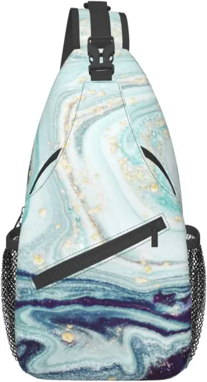 Gold Blue Liquid Marble Luxury Sling Bag for Women Men Crossbody Backpack Cycling Hiking Daypack Shoulder Chest Bag with Adjustable Strap