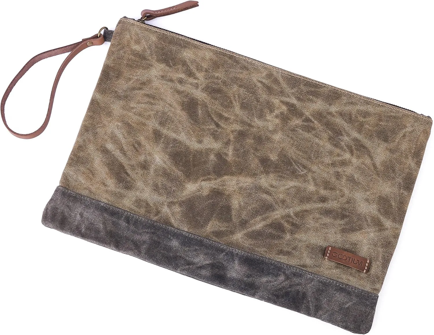 Gootium Waxed Canvas Zip Folio Pencil Pouch - Office Supply Zippered Makeup Bag Multipurpose File Folder - Size 13"x9.4", Tan Brown