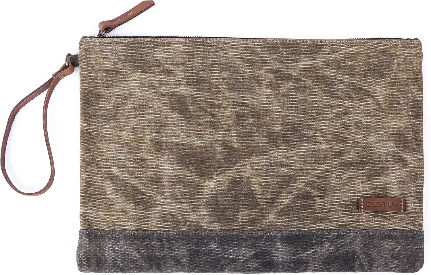 Gootium Waxed Canvas Zip Folio Pencil Pouch - Office Supply Zippered Makeup Bag Multipurpose File Folder - Size 13"x9.4", Tan Brown