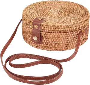 GORGECFAFT Handwoven Round Rattan Bag Large Straw Bag for Women Handmade Wicker Woven Purse Circle Oval Brown Straw Boho Bags Shoulder Imitation Leather Adjustable Strap for Women Travel