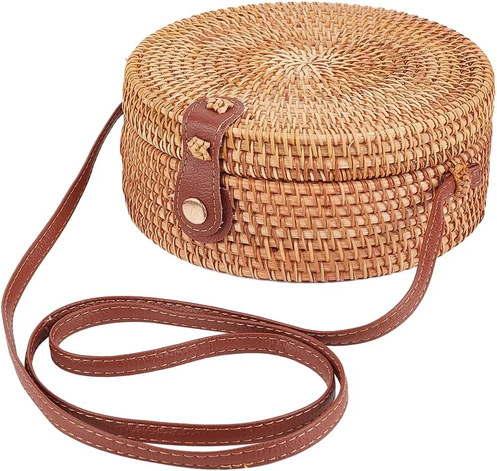 GORGECFAFT Handwoven Round Rattan Bag Large Straw Bag for Women Handmade Wicker Woven Purse Circle Oval Brown Straw Boho Bags Shoulder Imitation Leather Adjustable Strap for Women Travel