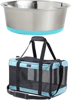 GORILLA GRIP Stainless Steel Dog Bowl, 2 Cup Turquoise and Pet Carrier Travel Bag, Blue, 2 Item Bundle