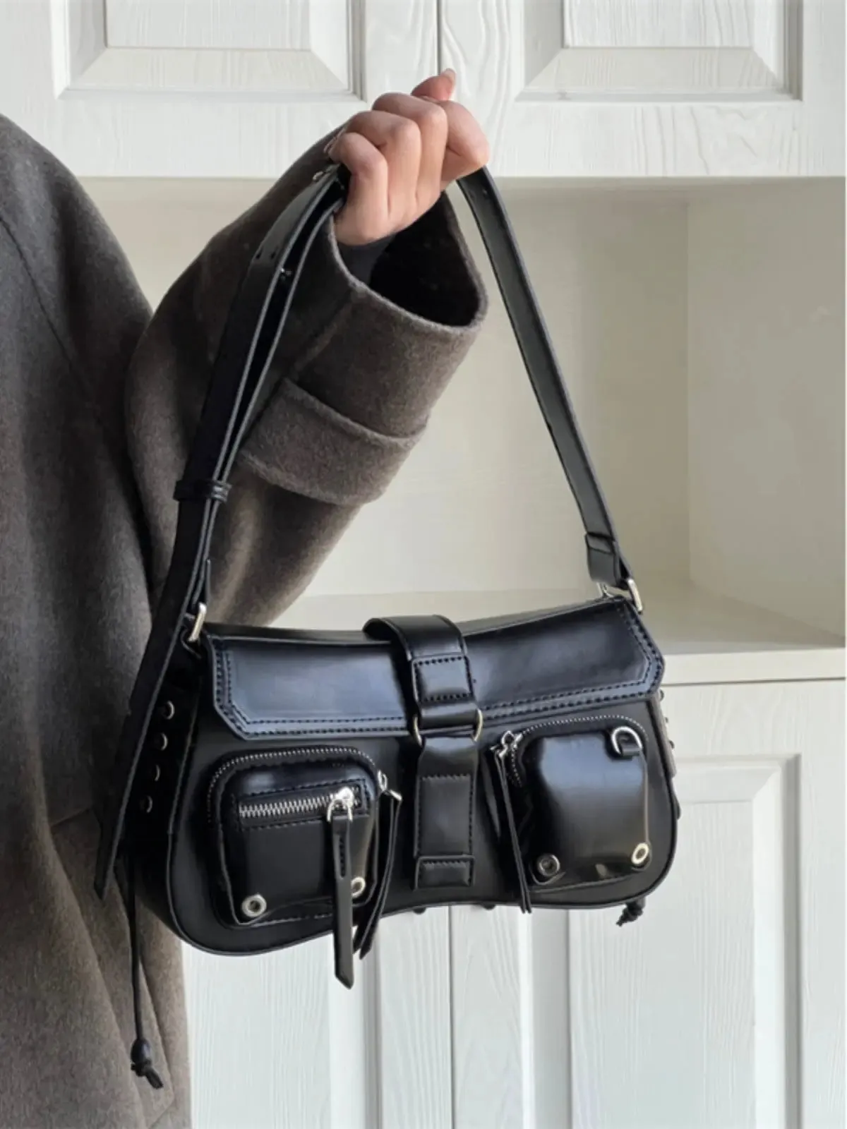 Gothic Drawstring Multi Pocket Shoulder Bags