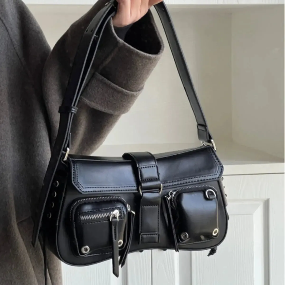 Gothic Drawstring Multi Pocket Shoulder Bags