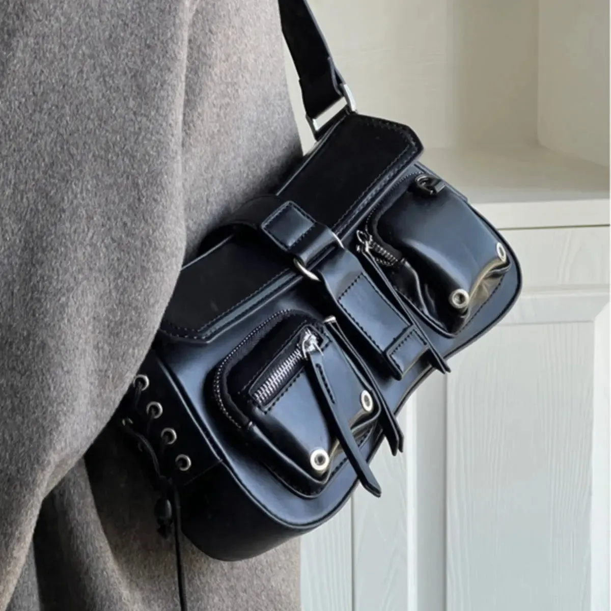 Gothic Drawstring Multi Pocket Shoulder Bags