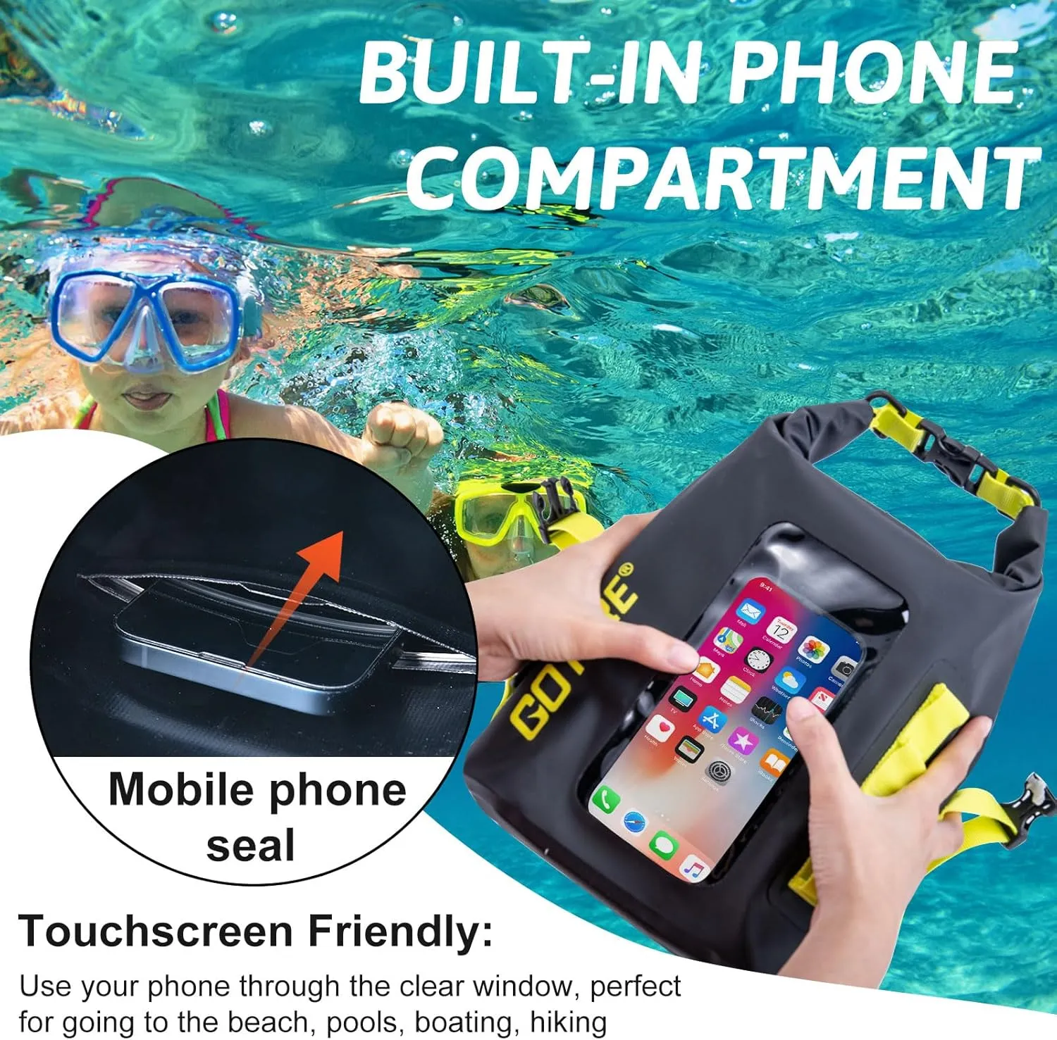 Goture Dry Bag, 5L Waterproof Bag with Shoulder Straps, 500D PVC Small Dry Sack Touchscreen Waterproof Backpack Phone Pouch, Roll Top Crossbody for Kayaking, Boating, Fishing, Camping, Beach, Travel