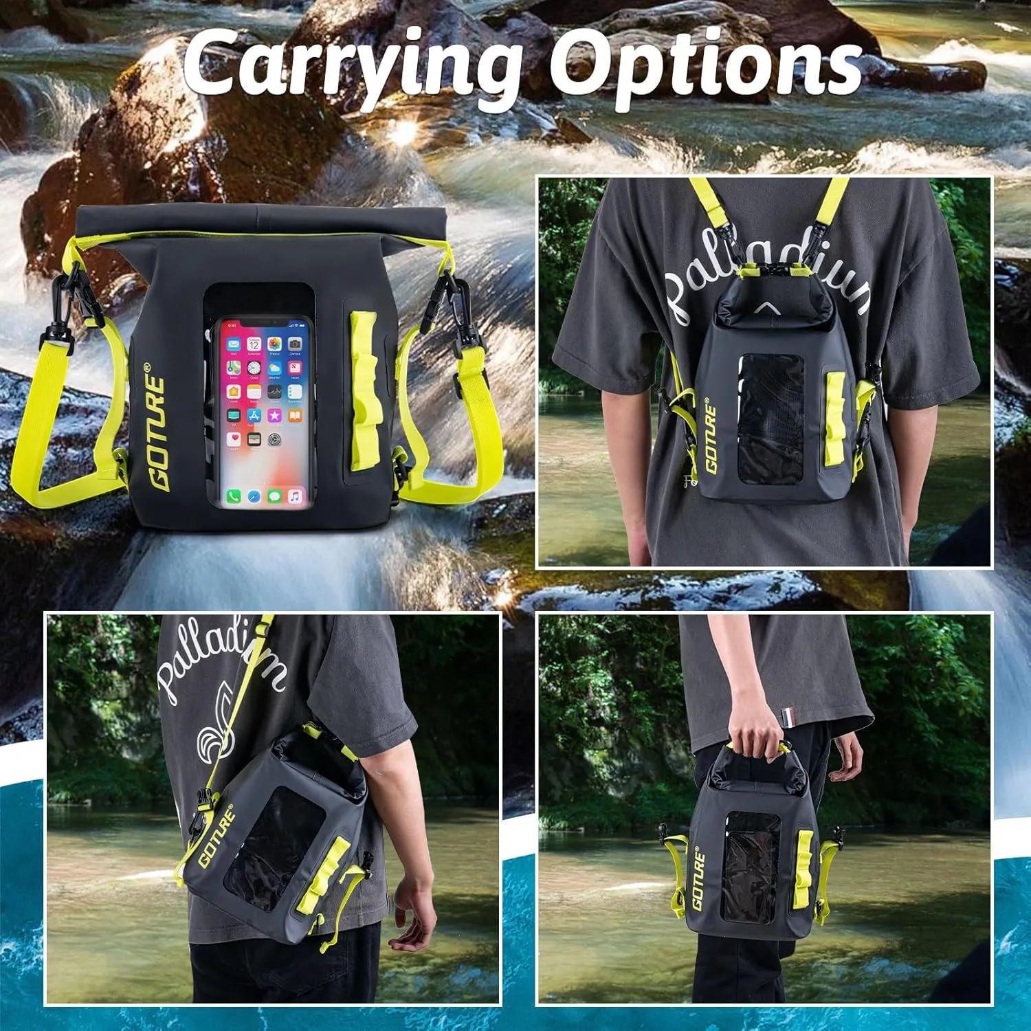 Goture Dry Bag, 5L Waterproof Bag with Shoulder Straps, 500D PVC Small Dry Sack Touchscreen Waterproof Backpack Phone Pouch, Roll Top Crossbody for Kayaking, Boating, Fishing, Camping, Beach, Travel