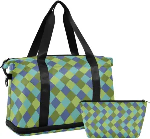 Green Rhombus Versatile Sports Travel Bag - Lasting Twill Tote, Removable Wheel & Rod Bagging, Multi-pocket Design, Complimentary Makeup Bag