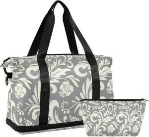 Grey Flower Design Versatile Sports Travel Bag - Lasting Twill Tote, Removable Wheel & Rod Bagging, Multi-pocket Design, Complimentary Makeup Bag