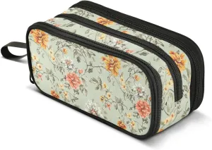 GuoChe Vintage Flowers Rustic Green Nylon Large Pencil Bags Large Capacity Pencil Storage Case Stationery Organizer for Middle School Man
