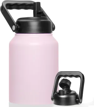 Half Gallon Insulated Water Bottle Jug with Straw, 64 oz Large Stainless Steel Sports Metal Water Flask with Handle, Thermal Water Cup Mug with 2 Lids, Blush