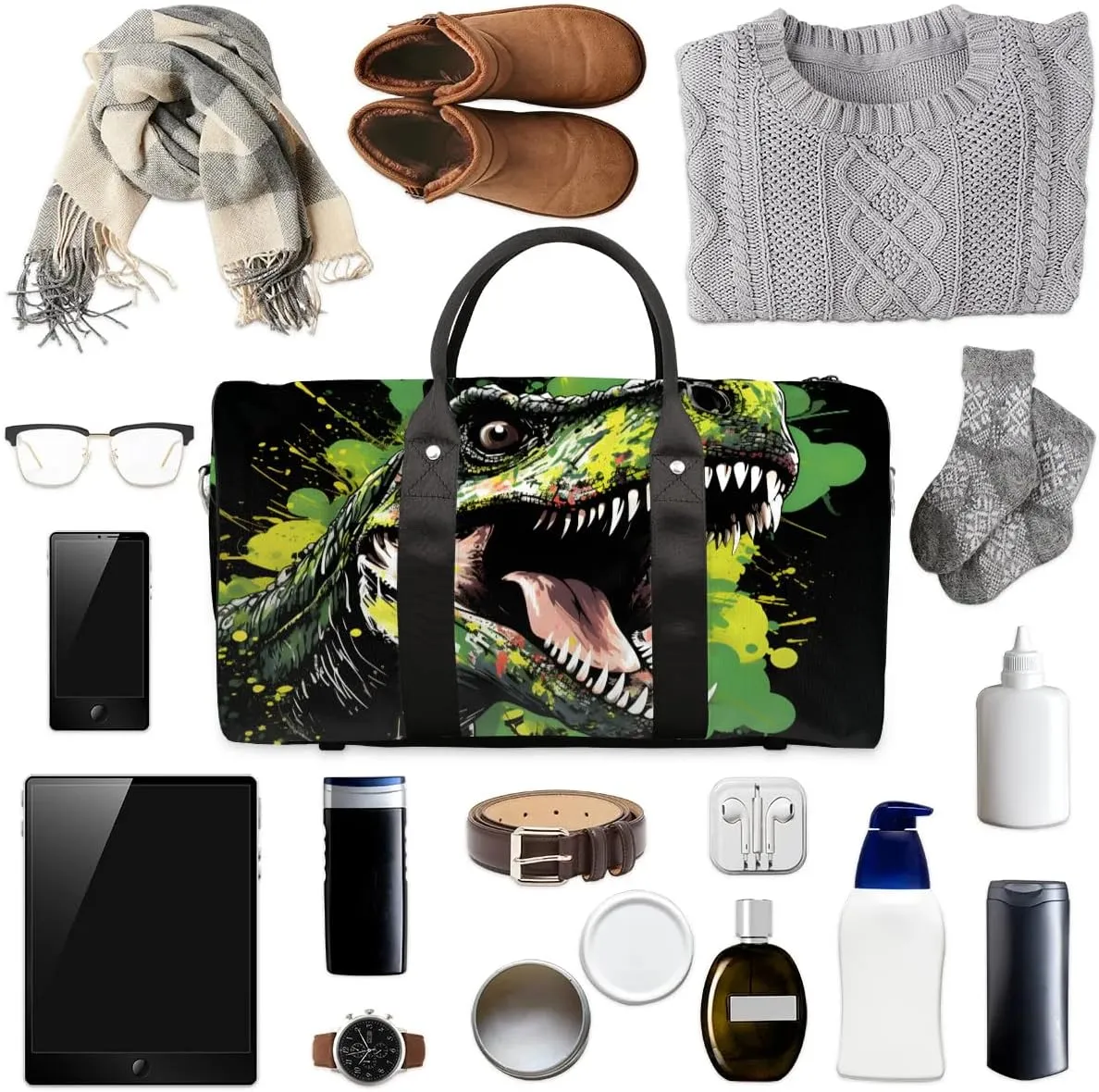 Hand Drawn Dinosaurs Travel Duffel Bag for Women Men Waterproof Foldable Overnight Weekender Bag Large Capacity Sports Gym Bag