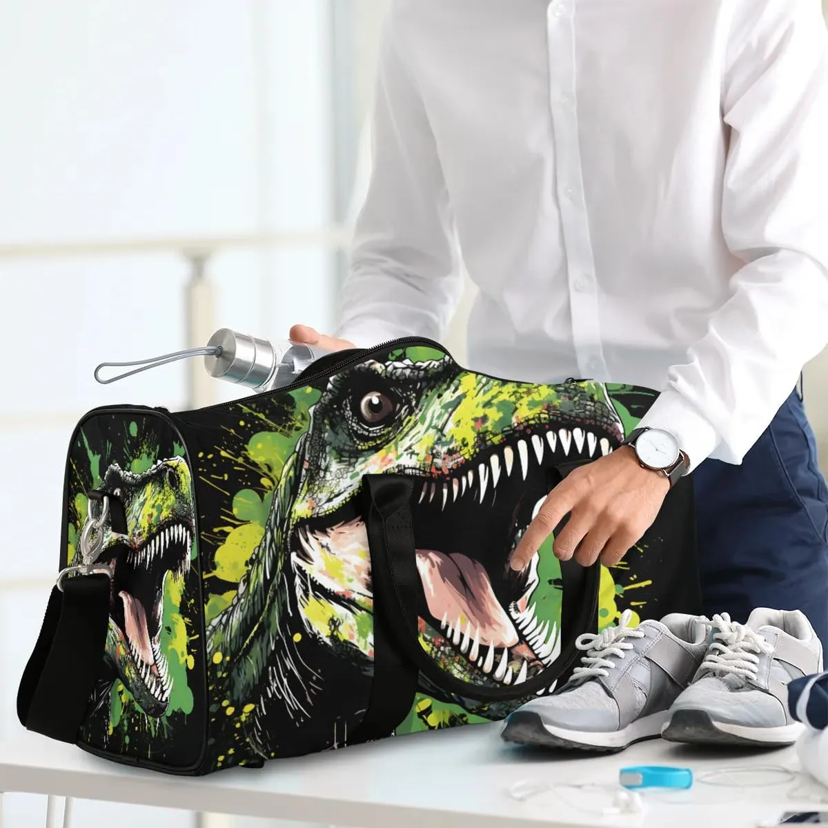 Hand Drawn Dinosaurs Travel Duffel Bag for Women Men Waterproof Foldable Overnight Weekender Bag Large Capacity Sports Gym Bag