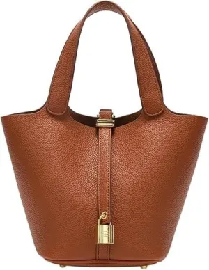 Handbag for Women Leather Vegetable Basket with Lock Bucket Bag Solid Color Tote Bag Fashion Genuine Leather