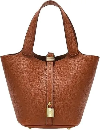 Handbag for Women Leather Vegetable Basket with Lock Bucket Bag Solid Color Tote Bag Fashion Genuine Leather