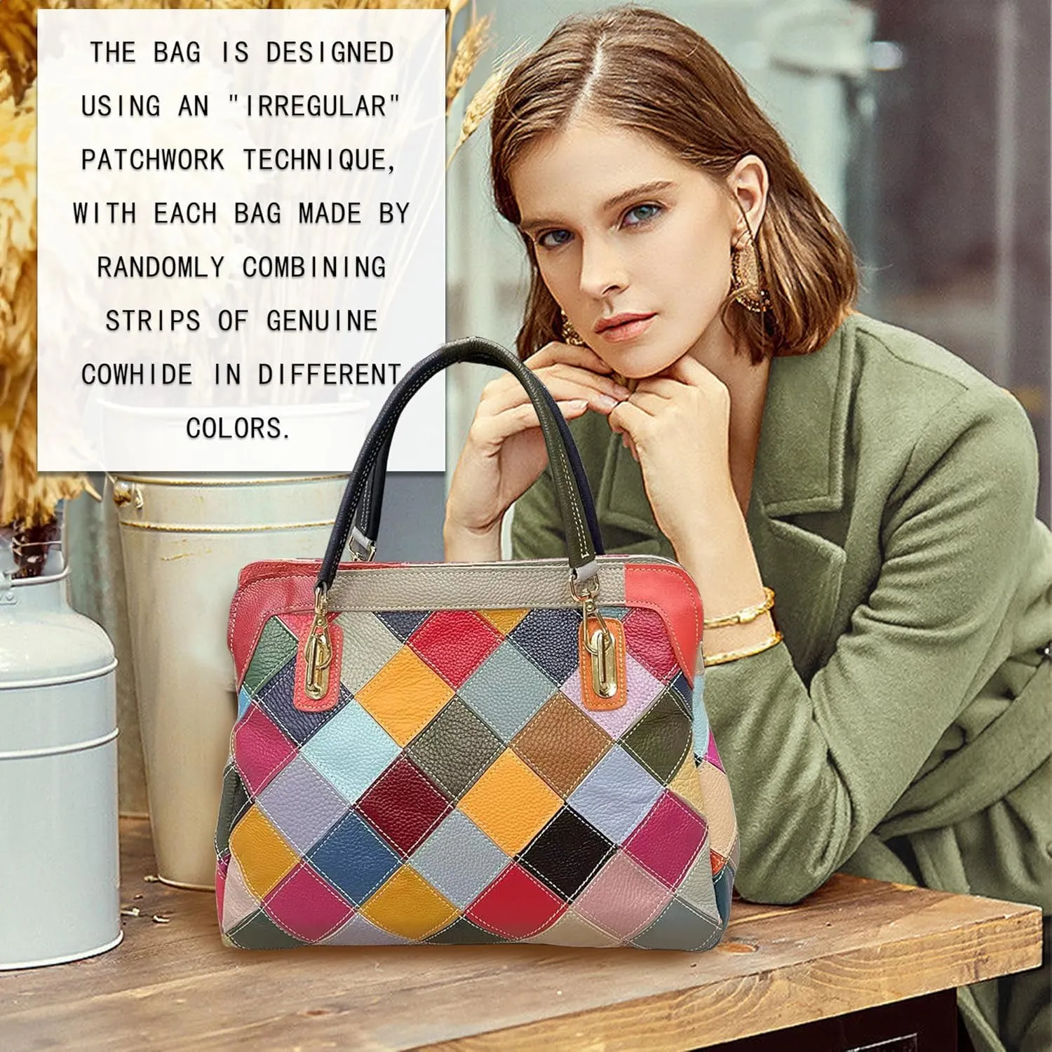 Handmade Cowhide Multi-color Block Random Stitching Unique Style Women's Bag - Crossbody, Shoulder and Handheld