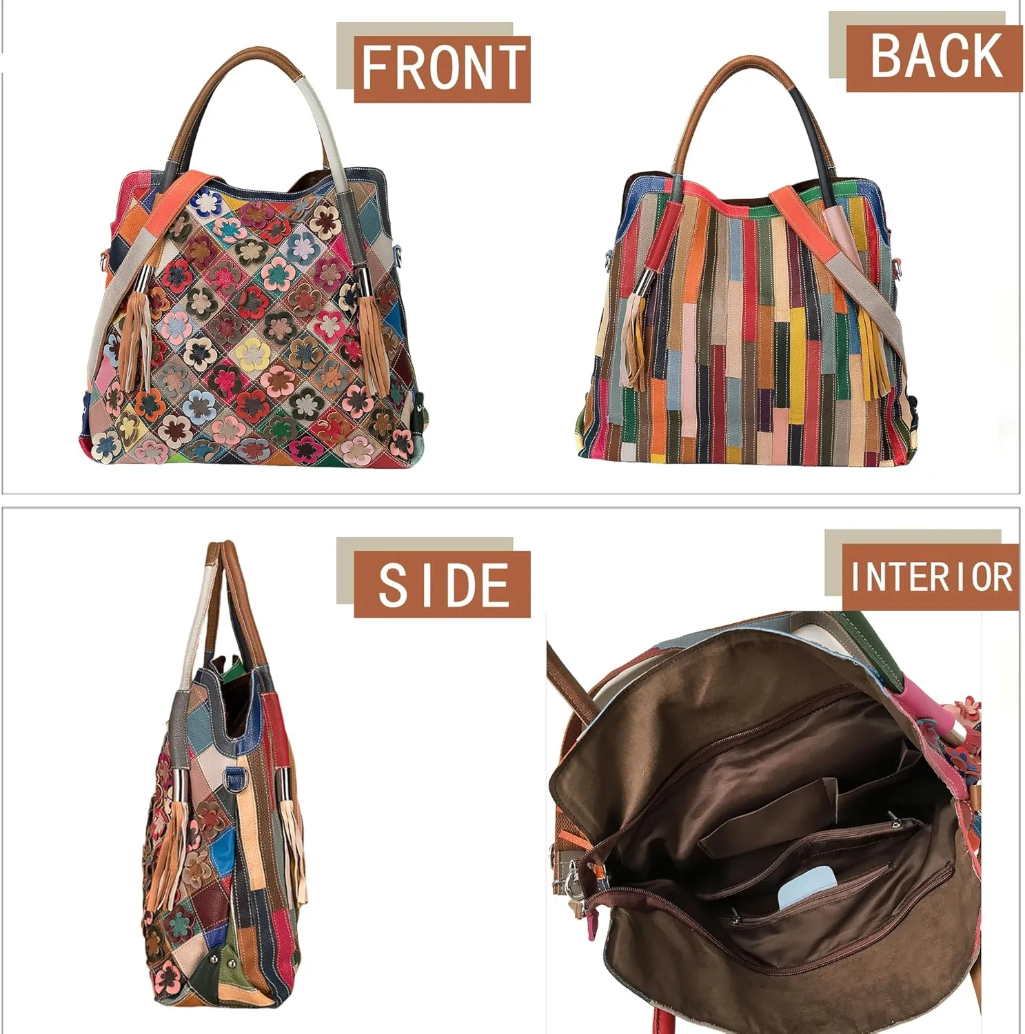Handmade Cowhide Multi-color Block Random Stitching Unique Style Women's Bag - Crossbody, Shoulder and Handheld