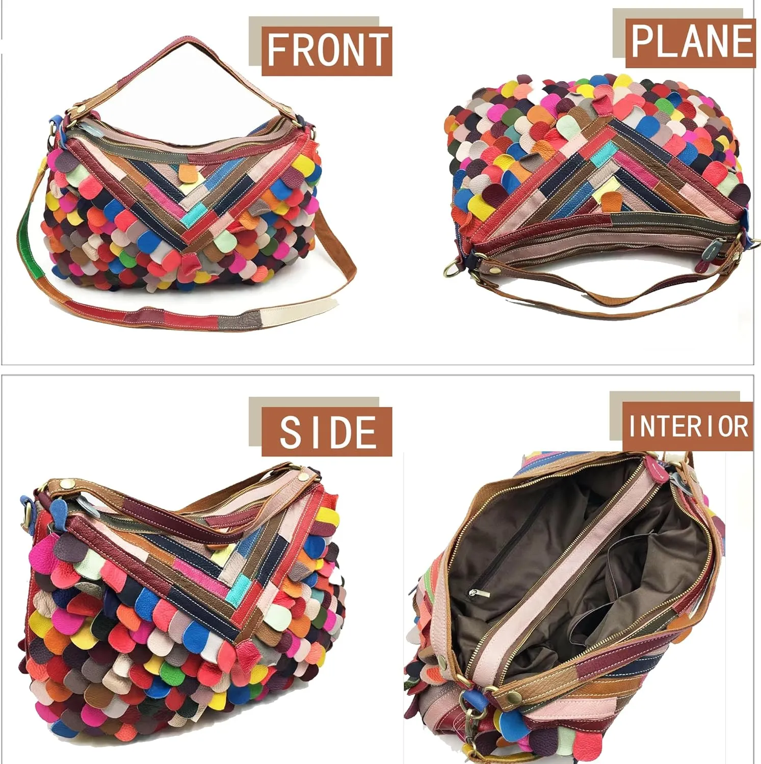 Handmade Cowhide Multi-color Block Random Stitching Unique Style Women's Bag - Crossbody, Shoulder and Handheld