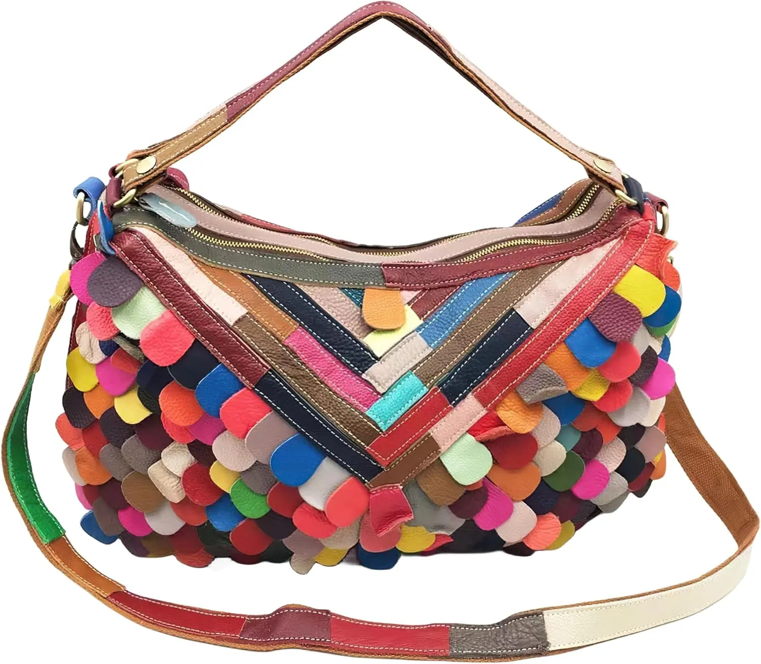 Handmade Cowhide Multi-color Block Random Stitching Unique Style Women's Bag - Crossbody, Shoulder and Handheld