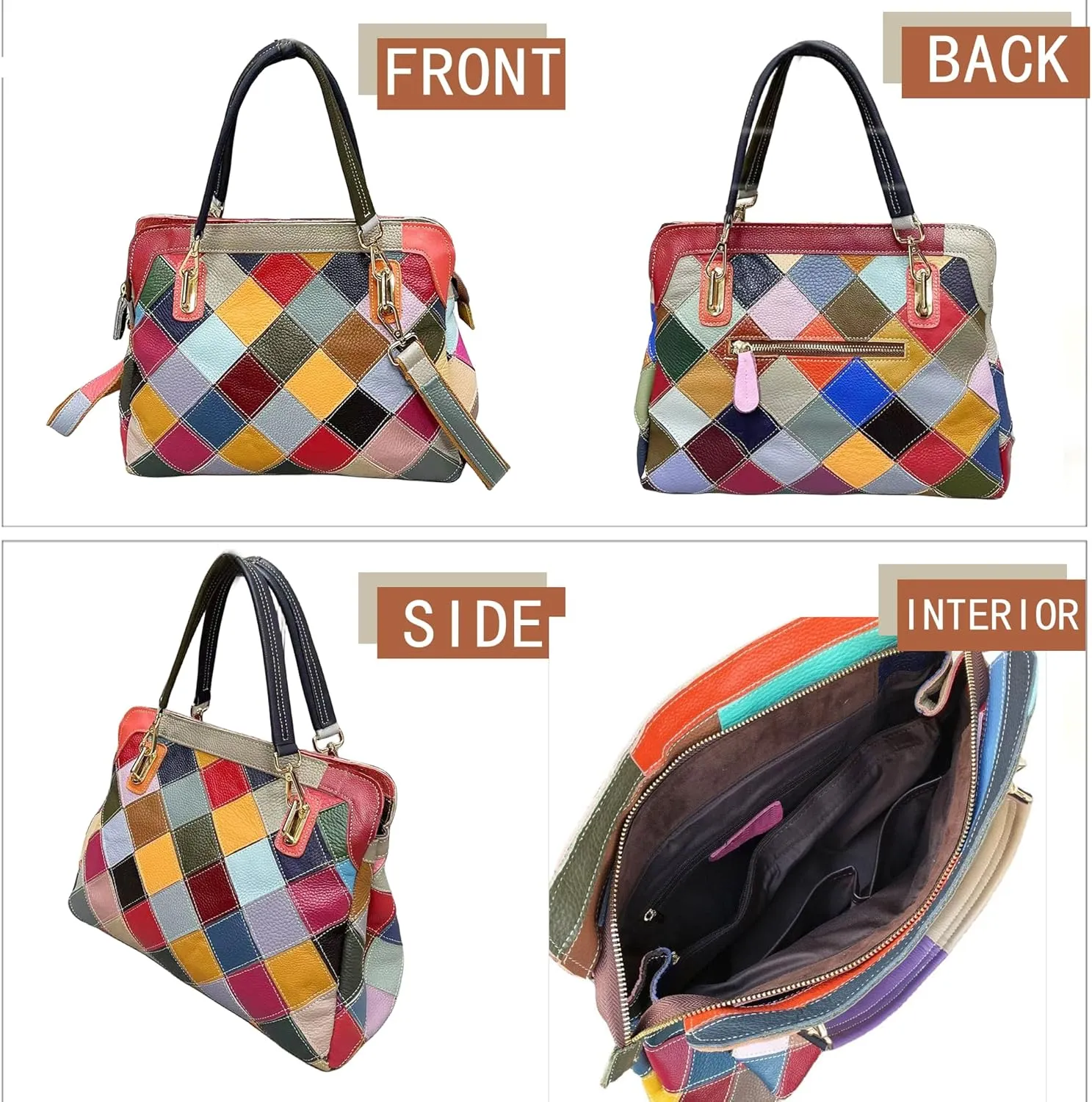 Handmade Cowhide Multi-color Block Random Stitching Unique Style Women's Bag - Crossbody, Shoulder and Handheld
