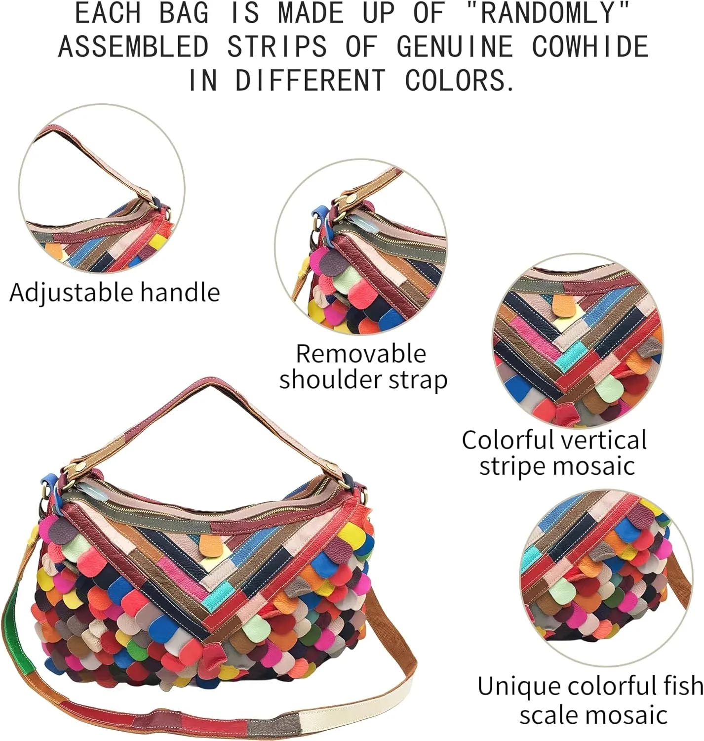 Handmade Cowhide Multi-color Block Random Stitching Unique Style Women's Bag - Crossbody, Shoulder and Handheld