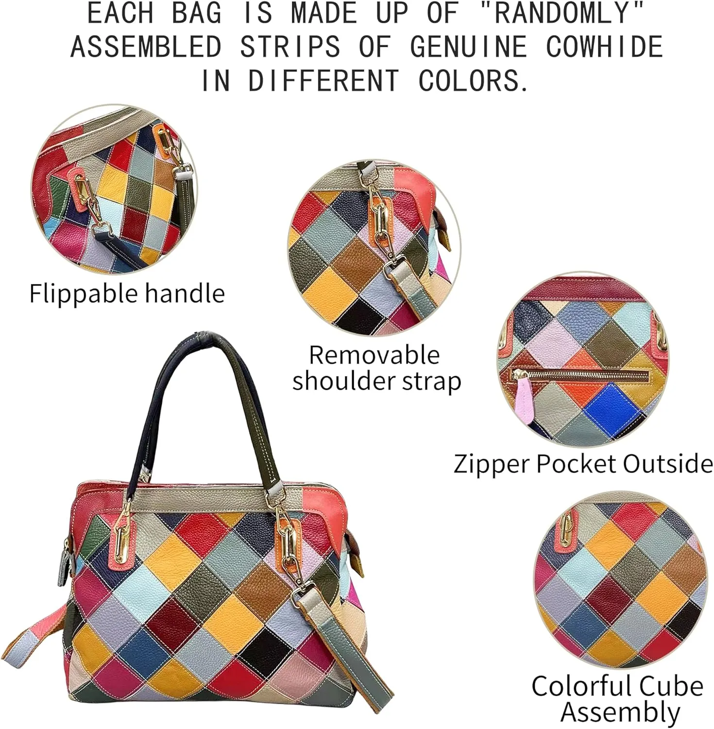 Handmade Cowhide Multi-color Block Random Stitching Unique Style Women's Bag - Crossbody, Shoulder and Handheld